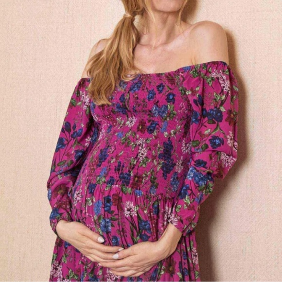 EUC Hatch The Freya Maternity Smocked Long Sleeve Dress Pink Queen Floral 2 M - Picture 2 of 10